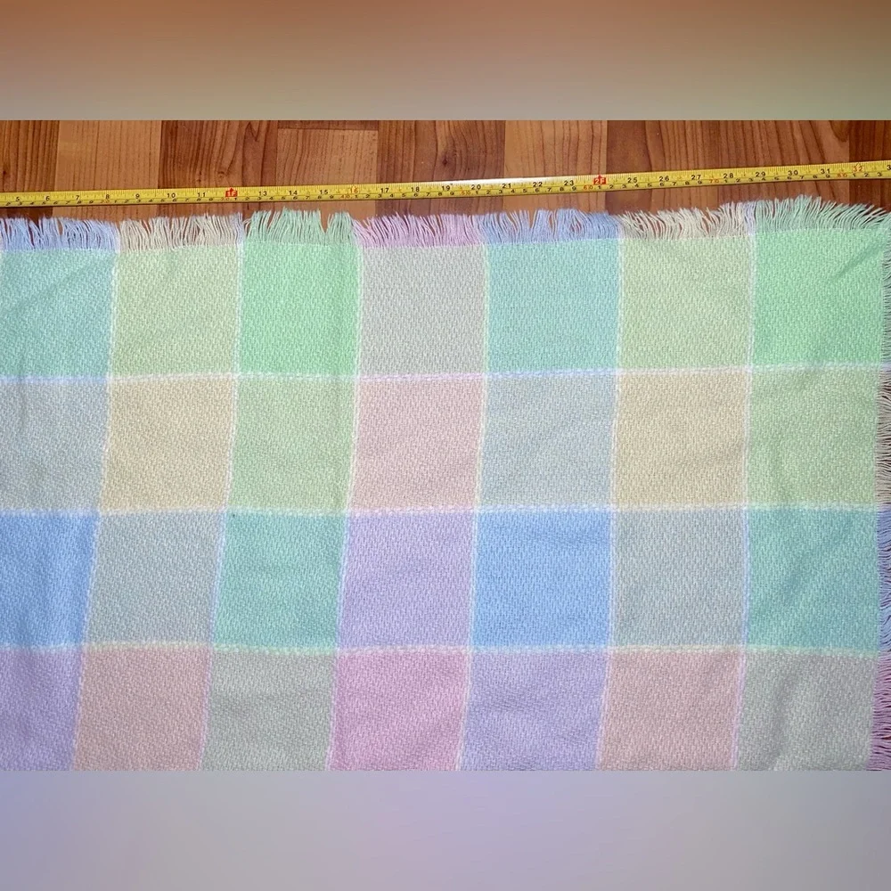 Baby Blanket Three Weavers Pastel Pink Blue Green Squares Acrylic Fringe Vintage